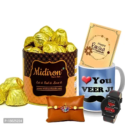 Midiron  Set of Designer Rakhi with Chocloate and Coffee Mug, Watch, Rakshabandhan Greeting Card Combo pack for Bhaiya/Brother/Bhai | Rakhi Gifts ( Pack of 5)