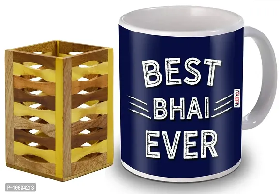 ME & YOU Gifts for Brother, Printed Ceramic Mug with Wooden Pen Holder Gift for Birthday/Rakhi/Raksha Bandhan/Anniversary/Bhaidooj