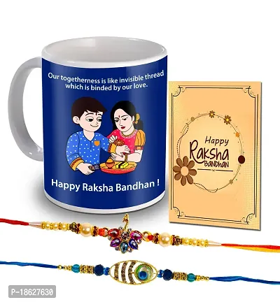 Avirons Set of Designer Rakhi Pack 2 with Printed Coffee Mug 325ML, Rakshabandhan Greeting Card Combo pack for Bhaiya/Brother/Bhai | Rakhi Gifts ( Pack of 3)