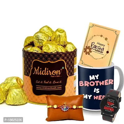 Midiron Rakhi chocolate Gift hamper for Brother/Bhaiya/Bhai | Designer Rakhi with Chocolate, Watch, Coffee Mug, Wishing Card ( Pack of 5)