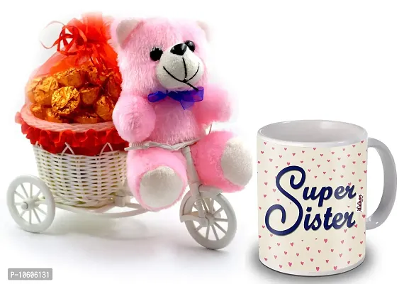 Midiron Cycle Basket with 20 piece Chocolate and Printed Ceramic Mug, Teddy Gift For Sister ( Multicolor)