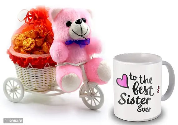 Midiron Sweet Gift for Sister with Chocolate and Ceramic Quoted Coffee Mug, Teddy ( Multicolor)