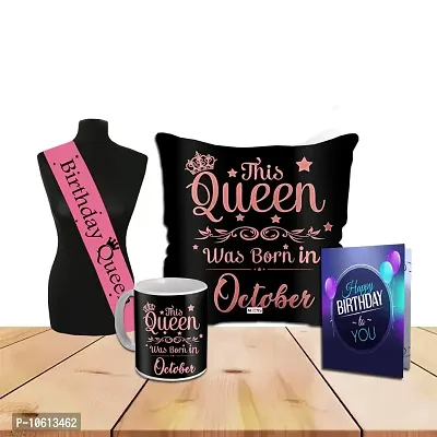 ME & YOU Birthday Gifts, Birthday Gift for Queens Born on October, 4 in 1 Combo Pack for Birthday Gifts, Cushion with Filler, Coffee Mug, Greeting Card, Birthday Queen Sash (Black)