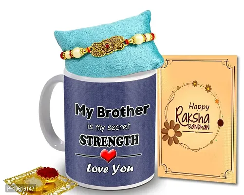 ME & YOU Rakhi Gift for Brother, Designer Rakhi with Coffee Mug, Roli Tikka and Rakhi Greeting Card Combo set for brother ( Pack 4)-IZ2223-26