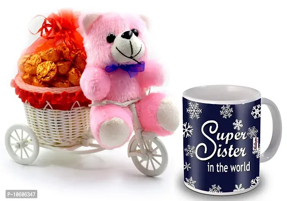 Midiron Cycle Basket with 20 piece Chocolate and Printed Ceramic Mug, Teddy Gift For Sister ( Multicolor)