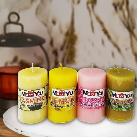 ME  YOU Multicolor Scented Piller Candles for Home Decoration| Festive Candle|Fragrance Candle for Decoraiton | Pillar Candle in Different Fragrancies| Pack of 4 Candles