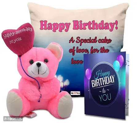 ME & YOU Printed Cushion with Happy Birthday Teddy and Greeting Card Gift for Father Mother Brother Sister Friends On Birthday, Birthday Gifts