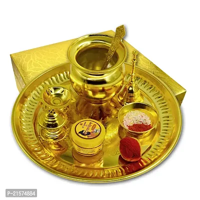 ME  YOU 10 inch Golden Pooja Thali Set with Arti Sangrah, Roli - Indian Festival Puja Thali |Thali Set for Karwa chauth, Durga Puja, Diwali Gift-thumb0