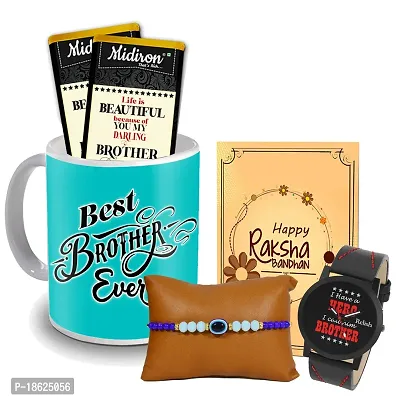 Midiron Beautiful Gift for Bhai for Rakhi | Designer Rakhi set with Coffee Mug, Chocolates, Watch and Wishing Card for Brother/Bhaiya/Bhai ( Pack 5)