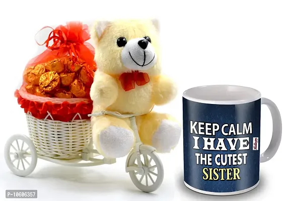 Midiron Sweet Gift for Sister with Chocolate and Ceramic Quoted Coffee Mug ( Multicolor)