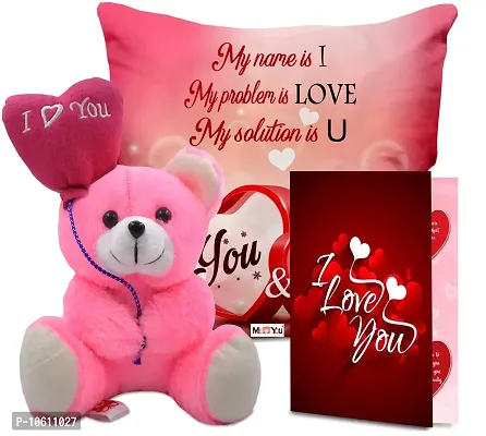 ME & YOU Beautiful Love Quoted Printed Cushion (16*16 Inch) & Teddy with Greeting Card for Valentine Gifts (Multicolor)