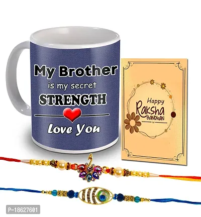 Avirons Set of Designer Rakhi Pack 2 with 325Ml Printed Ceramic Coffee mug,  Rakshabandhan Greeting Card Combo pack for Bhaiya/Brother/Bhai | Rakhi Gifts (Pack of 3)