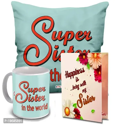 ME & YOU Gifts for Sister, Super Sister in The World Quoted Cushion & Coffee Mug with Greeting Card-thumb0