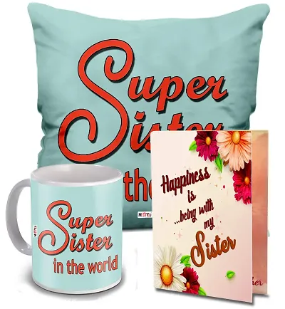 ME & YOU Gifts for Sister, Super Sister in The World Quoted Cushion & Coffee Mug with Greeting Card