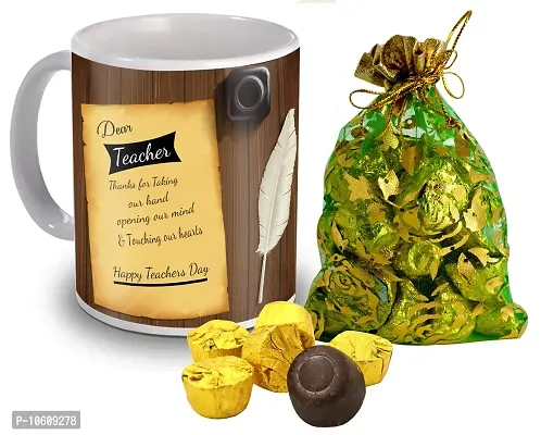 Midiron Sweet Gift Pack for Teacher with 15 Gold Chocolate and Ceramic Coffee (Mug 325 Ml), Happy Teachers Day-thumb0