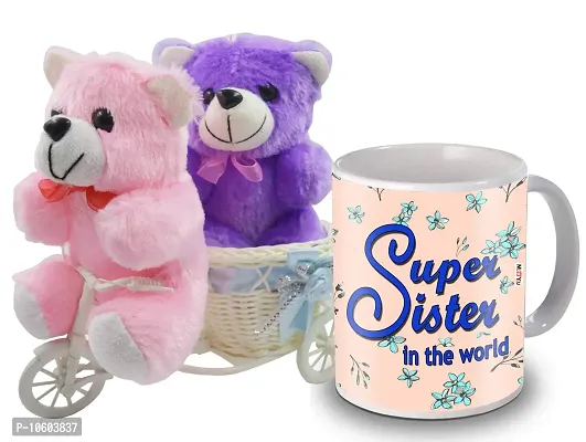 ME & YOU Gifts for Sister, Cycle Teddy with Printed Ceramic Mug Gift on her Birthday/Rakhi/Raksha Bandhan/Anniversary/Bhaidooj