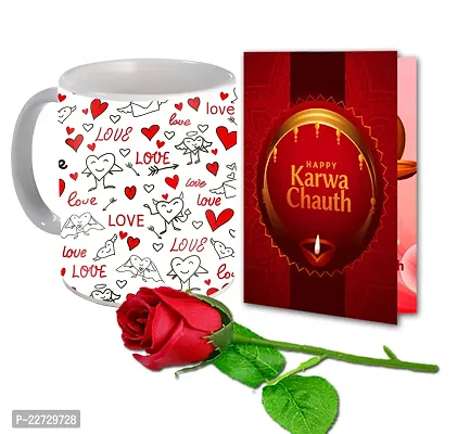 ME  YOU Happy Karwa Chauth Printed Mug with Greeting Card and Artificial Rose|Karwa Chauth Combo Gift Pack | Karwachauth Gift for Wife | Gift for Karwachauth| Unique Gift for Wife