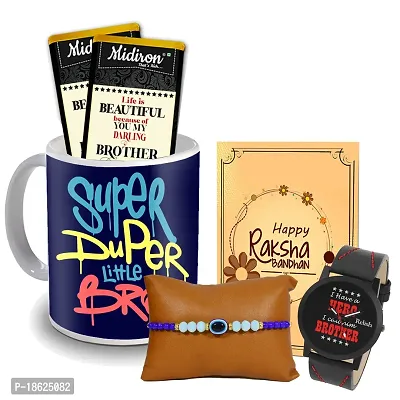 Midiron Rakhi for Bhai/Bhaiya/Brother | Set of Designer Rakhi with Chocloate and Coffee Mug, Watch and Rakshabandhan Greeting Card Combo pack (Filling Capacity 325 ML)