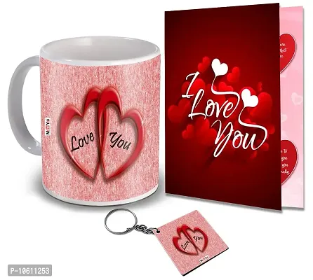 ME & YOU Valentine's Day Gifts, Love Quoted Printed Ceramic Mug with MDF Keychain and I Love You Greeting Card for Birthday, Anniversary (Multicolor)