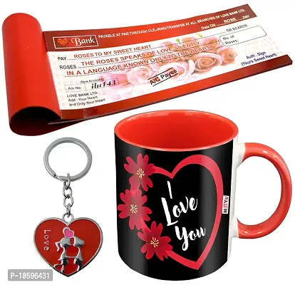 ME&YOU Romantic Gifts, Surprise Love Cheque Book with Love Quoted Printed Ceramic Mug and Keychain for Wife, Girlfriend, Fianc? On Valentine's Day IZ19MUrCheque1MetalK7-STLove-43