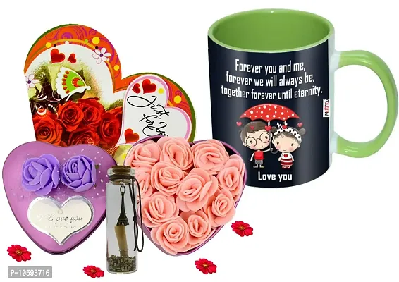 ME&YOU Romantic Gifts, Surprise Flower Box, Greeting Card with Message Bottle & Printed Colored Mug for Wife, Girlfriend, Fiance On Valentine's Day IZ19Tinbox2PurCard5Msgbott2MUg-DTLove-110