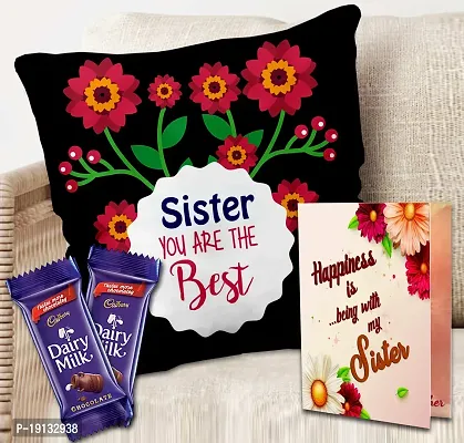 Midiron Chocolate Gift for Sister/Bahen/Sis | Rakhi Gift Hamper for Sister | Return Gift for sister on Raksha Bandhan | Gift for Little Sister with Chocolates, Greeting Card  Printed Cushion with Filler - 12*12 Inch-thumb0