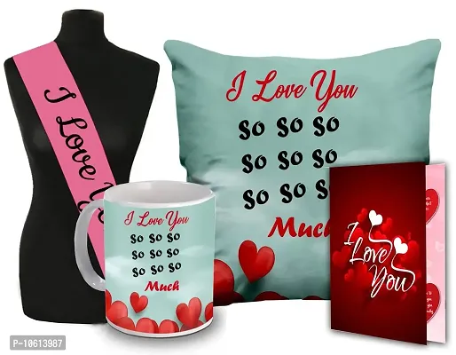 ME & YOU Valentine's Day Gift Combo for Girlfriend,Wife | I Love You sashe with Ceramic Coffee Mug ,Romantic Greeting Card, Love Quoted Pillow for Birthday and Anniversary
