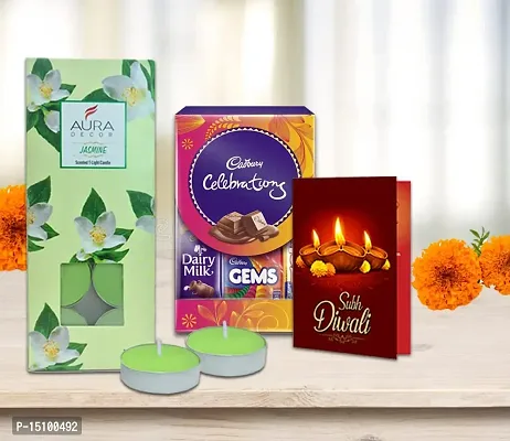 Midiron Premium Chocolate Diwali Gifts Pack |Cadbury Diwali Gifts |Festive Hamper-Cadbury Chocolate Box, Greeting Card, Tealight Scented Jasmine Fragrance Candle