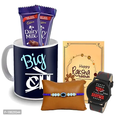 Midiron Rakhi for Bhai/Bhaiya/Brother | Unique Set of Designer Rakhi with Chocloate, Watch and Coffee Mug, Rakshabandhan Greeting Card Combo pack
