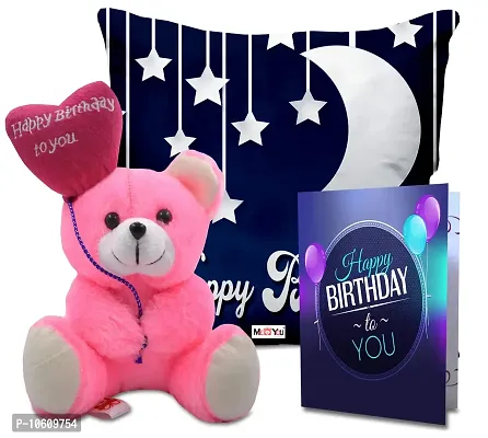 ME & YOU Printed Cushion with Happy Birthday Teddy and Greeting Card Gift for Father Mother Brother Sister Friends On Birthday, Birthday Gifts