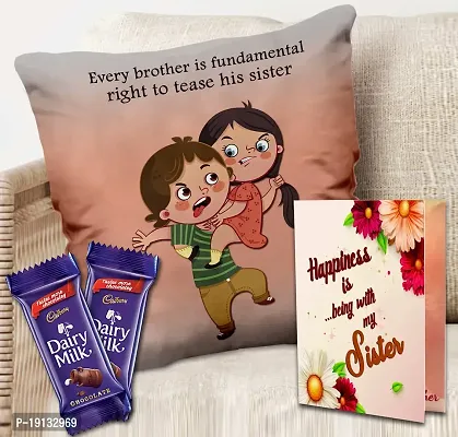 Midiron Rakhi Chocolate Hamper for Sister | Return Gift for Sister on Raksha Bandhan |Rakhi Gifts Hamper for Sister |Raksha Bandhan Gift for Sister/Bahen| Chocolate Bar  Printed Cushion - 12*12 Inch