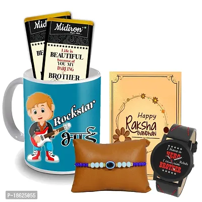 Midiron Beautiful Set of Designer Rakhi with Chocloate and Coffee Mug, Watch, Rakshabandhan Greeting Card Combo pack for Bhaiya/Brother/Bhai | Rakhi Gifts ( Pack 5)