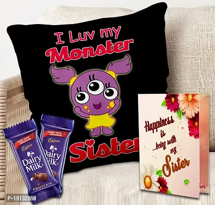 Midiron Beautiful Rakhi Gift Hamper for Sister | Gift for Sister with Chocolates  Printed Cushion| Raksha Bandhan Gift with Beautiful Greeting Card  Tasty Chocolates (Pack of 3)-thumb0