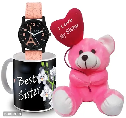 ME & YOU Gifts for Sister, Printed Ceramic Mug/ I Love My Sister Quoted Teddy/ Relish Watch Gift for Birthday/Rakhi/Raksha Bandhan/Anniversary/Bhaidooj