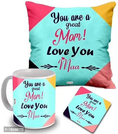 ME & YOU Printed Cushion with Ceramic Mug and MDF Coaster Gifts for Mother on her Birthday/Mother's Day/Anniversary/Women's Day