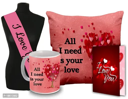 ME & YOU Valentine's Day Gift for Girlfriend,Wife |Ceramic Coffee Mug, I Love You sashe,Greeting Card and Love Quoted Cushion for Birthday,Anniversary.