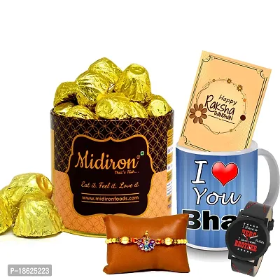 Midiron Rakhi for Bhai/Bhaiya/Brother | Set of Designer Rakhi with Chocloate, Watch and Coffee Mug, Rakshabandhan Greeting Card Combo pack