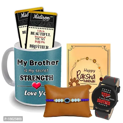 Midiron Rakhi for Bhai/Bhaiya/Brother |Unique Set of Designer Rakhi with Chocloate and Coffee Mug, Wrist Watch, Rakshabandhan Greeting Card Combo pack-thumb0