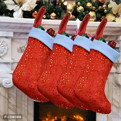 Lovely Hanging Xmas Scoks| Christmas Day Decoration Item|Hanging Decor for All Party  Festival |Star Prints Decorative Stockings for Xmas/New Year Party | Hanging Bag in Pack 4