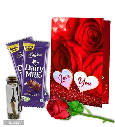 Midiron Love Gift Combo | Chocolate Gifts for Love, Special One | Valentines Romantic Combo | Chocolate Gifts | Rose Day, Promise Day Gift with Chocolate Bars, Artificial Red Rose, Love Greeting Card-thumb0