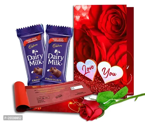 Midiron Love Combo Gift | Chocolate Gifts for Love | Valentines Romantic Combo | Chocolate Gifts | Rose Day, Promise Day Gift with Chocolate Bars, Artificial Red Rose  Love Cheque Book