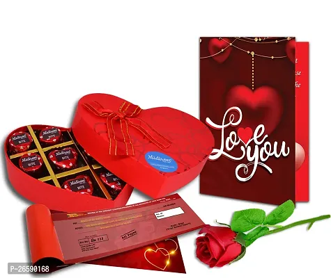 Midiron Valentine's Gift Hamper for Girlfriend/Wife | Rose Day, Chocolate Day, Hug Day Gift | Romantic Gift | Valentine's Week Day Gift-Chocolate Box, Love Cheque Book  Artificial Red Rose