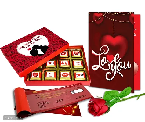 Midiron Beautiful Love Gift Hamper | Chocolate Gifts for Love | Valentines Romantic Combo | Chocolate Gifts | Rose Day, Promise Day Gift with Chocolate Box, Artificial Red Rose  Cheque Book-thumb0