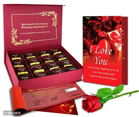 Midiron Beautiful Love Gift Hamper | Chocolate Gifts for Love | Valentines Romantic Combo | Chocolate Gifts | Rose Day, Promise Day Gift with Chocolate Box, Artificial Red Rose  Cheque Book