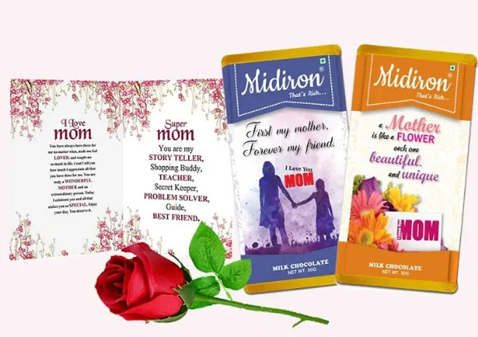 Midirons Chocolate bar gift for Mom Birthday/Anniversary |  gift for mom/Mother/Maa/Mother in laws |1 Cards and 1 Artificial Red Rose