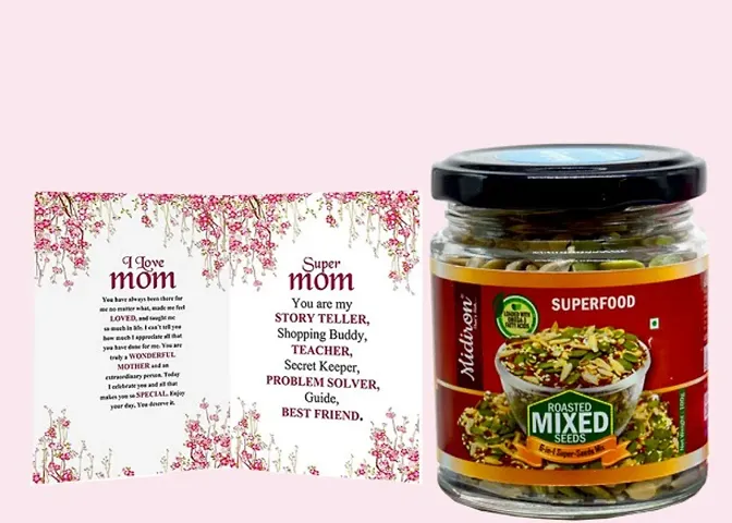 Midiron 6 in 1 Roasted Mix Seeds gift for mothers day | Mothers Day Gifts Set| Gift for Mom/Aunty/Mother in Law on Mothers Day, Birthday | Greeting Card, Seeds Bottle 100gm