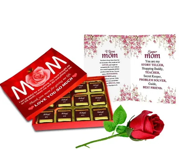 Midirons Premium gift for mothers|Sorry gift for mom|Ideal gift for mom/Mother/Maa/Mother in laws |1 Wishes Cards, 1 Artifical Red Rose and 1 Milky delecious Chocolate Box 144gm