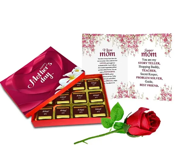 Midirons Happy mothers day gift combo|Handmade chocolate box for mom|gift for mom/Mother/Maa/Mother in laws |1 Wishes Cards, 1 Red Rose and 1 delecious Chocolate Box 144gm