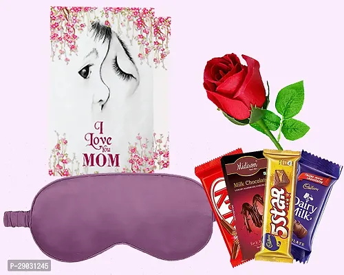 Midiron Mothers Day Gift |Gift for Mother's Day, Women's Day|Comfortable Sleep Travelling Eye Mask Combo Gift for Mom |Card and  Artifical Rose, Eye Mask, Chocolate Bar Pack of 4