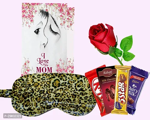 Midiron Motherrsquo;s Day Celebrate gift hamper | Gift for Mother Day, Birthday, Women's Day | Eye Mask For Sleeping with Adjustable Strap | Greeting Card and Rose, Chocolate Bar (Pack of 4)